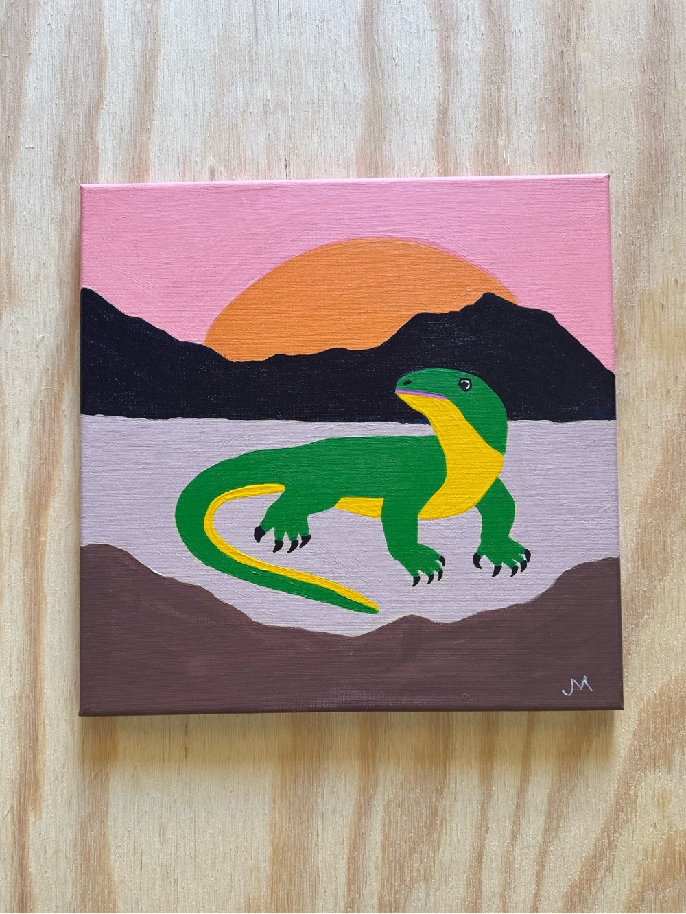 Green and Yellow Lizard Sunset painting on Canvas